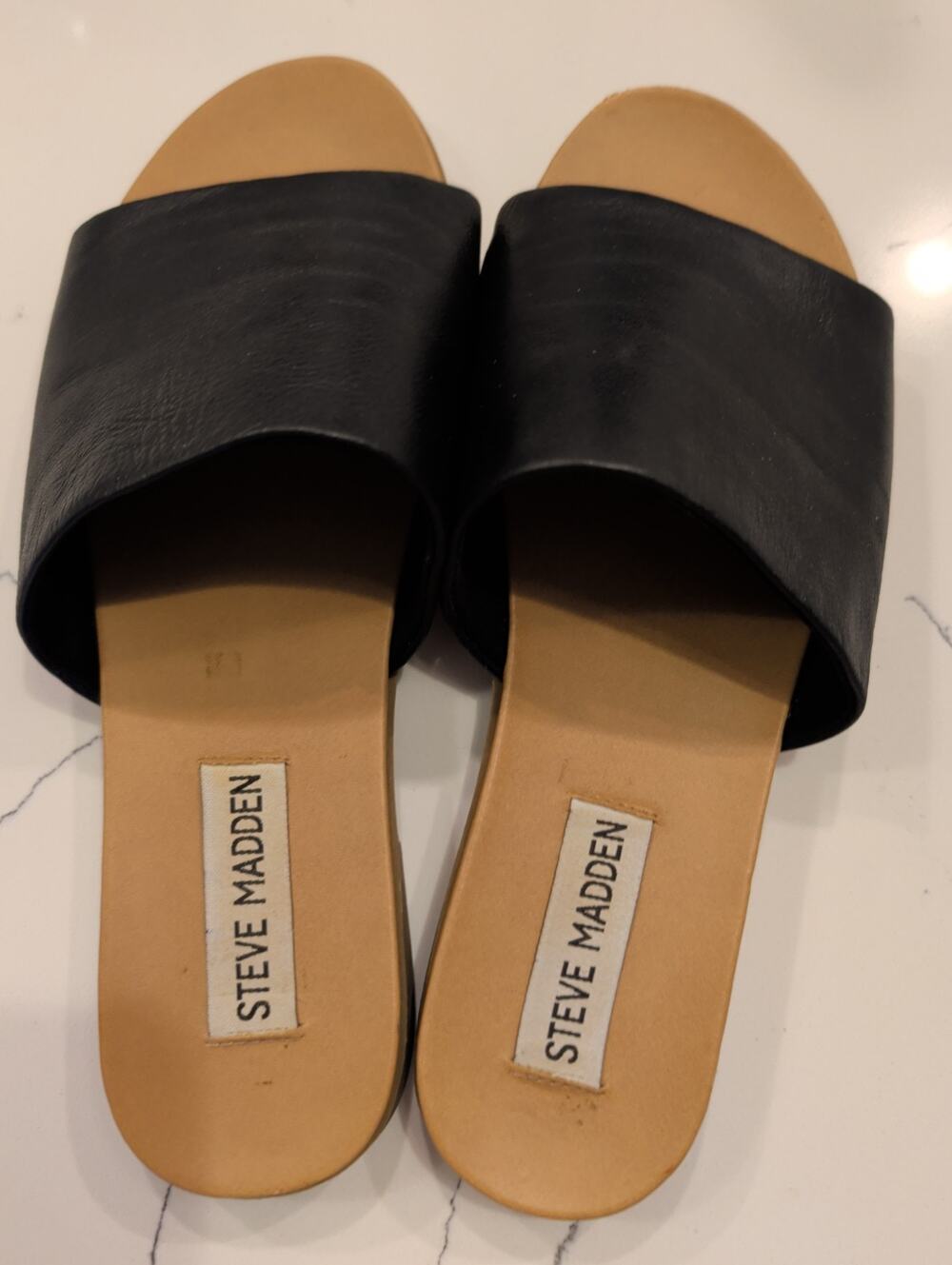 Steve Madden Karolyn Women Black Leather Slide Flat Sandals Shoes Open Toe Size